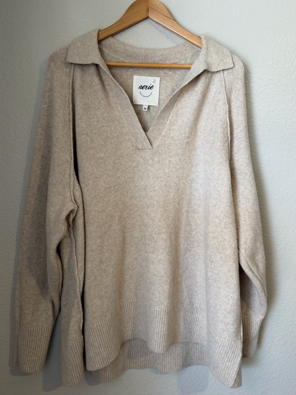 Aerie UnReal Polo Sweater Oatmeal Oversized Cozy Pullover NWT Size Large